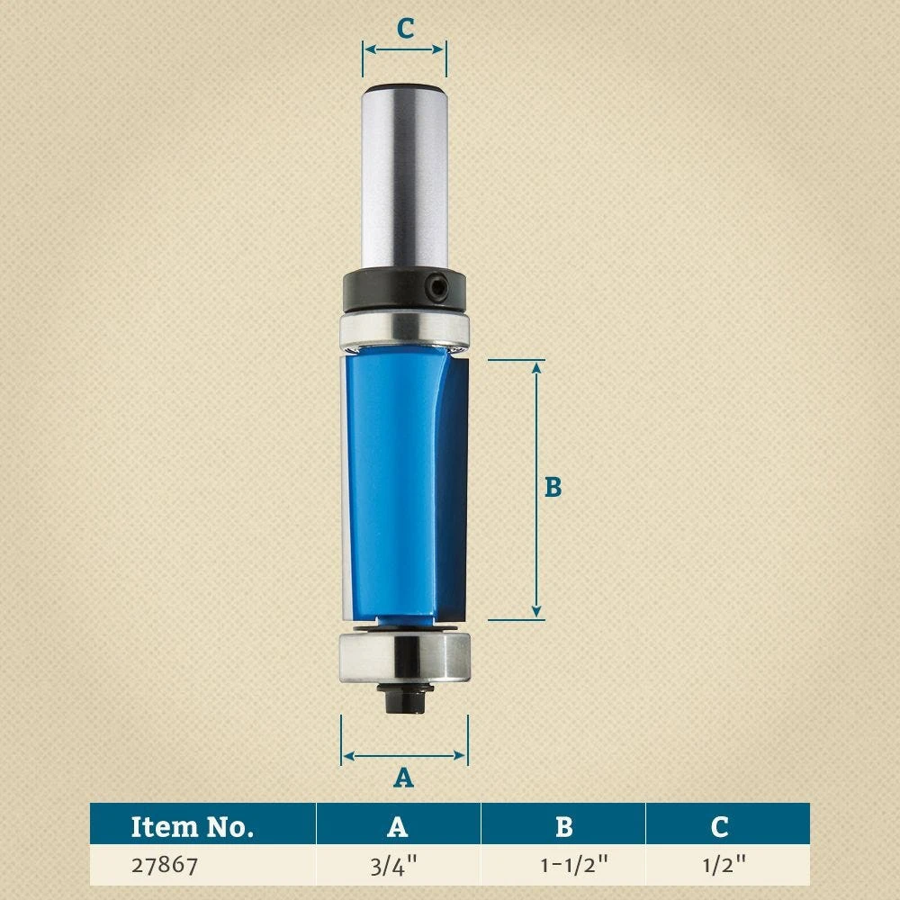 Rockler Double Bearing Shear Flush Trim Router Bit - 3/4" Dia X 1-1/2" H X 1/2" Shank 3 Rockler Double Bearing Shear Flush Trim Router Bit - 3/4" Dia X 1-1/2" H X 1/2" Shank - Image 3